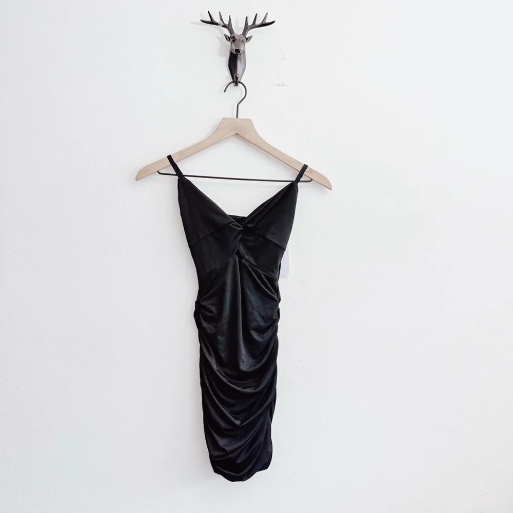 KATIEJ NYC Women's Black Spaghetti Strap Ruched Mini Dress Medium NWT